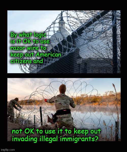 By what logic is it OK to use razor wire to keep out American citizens and not OK to use it to keep out invading illegal aliens? | By what logic
is it OK to use
razor wire to 
keep out American
citizens and; not OK to use it to keep out
invading illegal immigrants? | image tagged in illegal immigration,razor wire,open border,border control | made w/ Imgflip meme maker