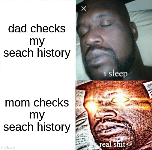 don't check | dad checks my seach history; mom checks my seach history | image tagged in memes,sleeping shaq | made w/ Imgflip meme maker