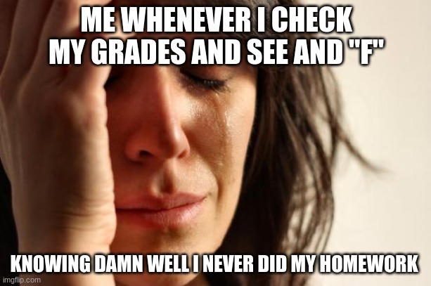 First World Problems Meme | ME WHENEVER I CHECK MY GRADES AND SEE AND "F"; KNOWING DAMN WELL I NEVER DID MY HOMEWORK | image tagged in memes,first world problems | made w/ Imgflip meme maker