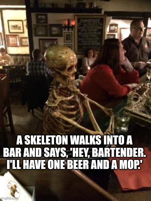 Skeleton walks into a bar. | A SKELETON WALKS INTO A BAR AND SAYS, 'HEY, BARTENDER. I'LL HAVE ONE BEER AND A MOP.' | image tagged in skeleton waiting at bar,dad joke,humor,funny | made w/ Imgflip meme maker