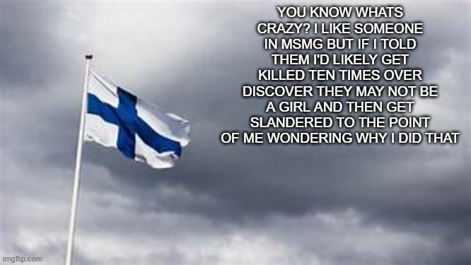 plus i don't wanna be seen as a creep who confesses to people at random so yuh | YOU KNOW WHATS CRAZY? I LIKE SOMEONE IN MSMG BUT IF I TOLD THEM I'D LIKELY GET KILLED TEN TIMES OVER DISCOVER THEY MAY NOT BE A GIRL AND THEN GET SLANDERED TO THE POINT OF ME WONDERING WHY I DID THAT | image tagged in finland flag | made w/ Imgflip meme maker