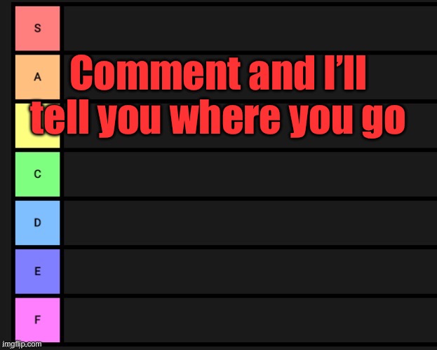 Tier List | Comment and I’ll tell you where you go | image tagged in tier list | made w/ Imgflip meme maker