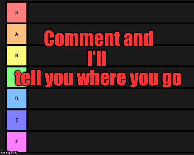 Tier List | Comment and I’ll 
tell you where you go | image tagged in tier list | made w/ Imgflip meme maker