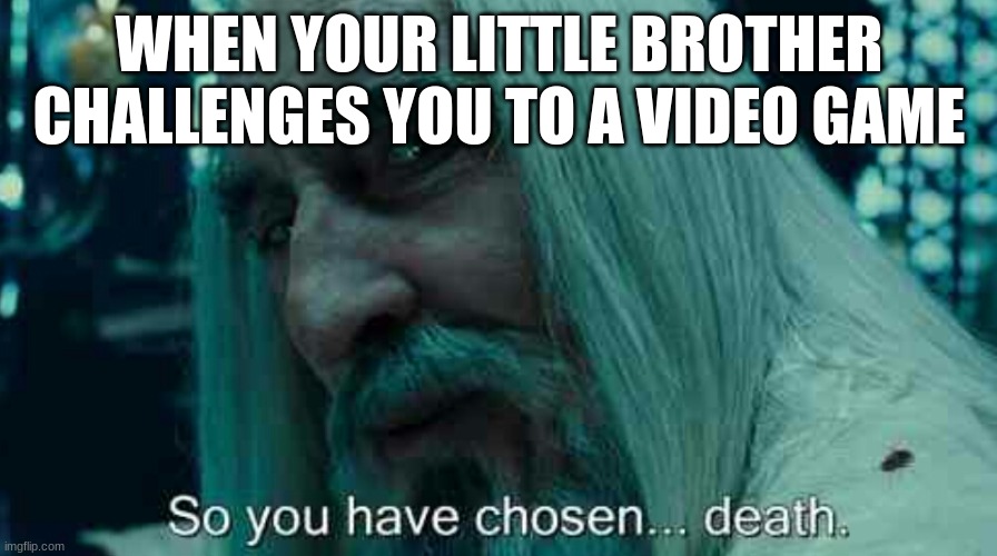 So you have chosen death | WHEN YOUR LITTLE BROTHER CHALLENGES YOU TO A VIDEO GAME | image tagged in so you have chosen death | made w/ Imgflip meme maker
