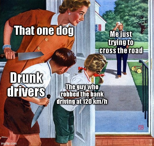 waiting for dad | That one dog; Me just trying to cross the road; Drunk drivers; The guy who robbed the bank driving at 120 km/h | image tagged in waiting for dad | made w/ Imgflip meme maker