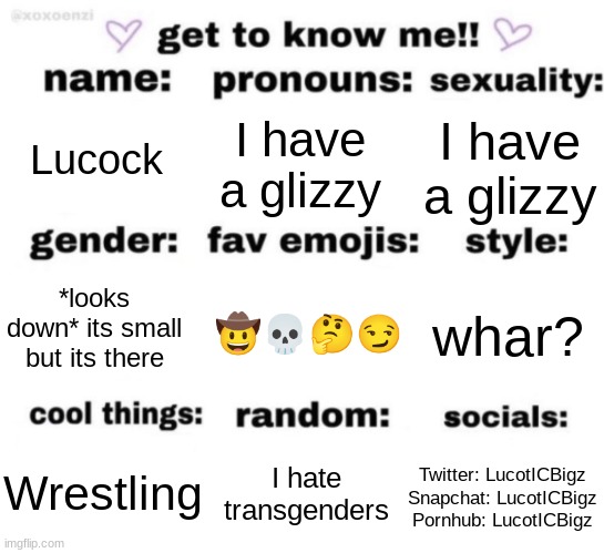Still can't post in msmg :skull: | Lucock; I have a glizzy; I have a glizzy; 🤠💀🤔😏; whar? *looks down* its small but its there; I hate transgenders; Wrestling; Twitter: LucotICBigz
Snapchat: LucotICBigz
Pornhub: LucotICBigz | image tagged in get to know me but better | made w/ Imgflip meme maker