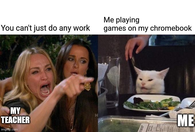 Woman Yelling At Cat | Me playing games on my chromebook; You can't just do any work; MY TEACHER; ME | image tagged in memes,woman yelling at cat | made w/ Imgflip meme maker