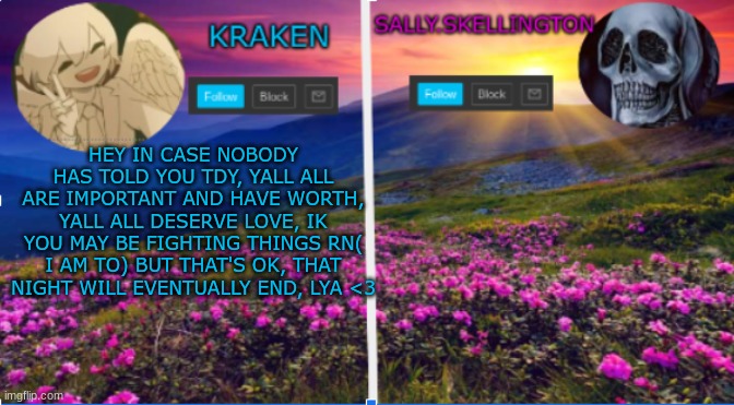 sally.skellington and kraken announcment template | HEY IN CASE NOBODY HAS TOLD YOU TDY, YALL ALL ARE IMPORTANT AND HAVE WORTH, YALL ALL DESERVE LOVE, IK YOU MAY BE FIGHTING THINGS RN( I AM TO) BUT THAT'S OK, THAT NIGHT WILL EVENTUALLY END, LYA <3 | image tagged in salliy skellington and kraken announcment template | made w/ Imgflip meme maker
