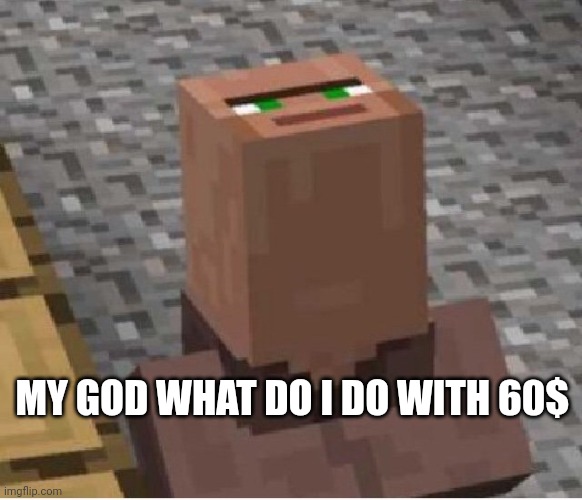 Minecraft Villager Looking Up | MY GOD WHAT DO I DO WITH 60$ | image tagged in minecraft villager looking up | made w/ Imgflip meme maker