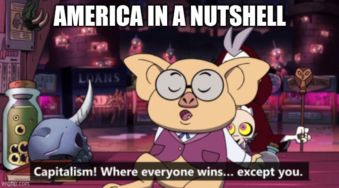 welcome to america | AMERICA IN A NUTSHELL | image tagged in capitalism where everyone wins except you,history,the owl house | made w/ Imgflip meme maker