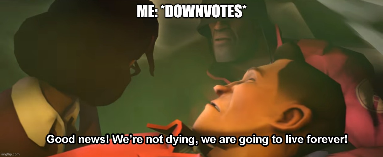 ME: *DOWNVOTES* | image tagged in good news we're not dying we are going to live forever | made w/ Imgflip meme maker