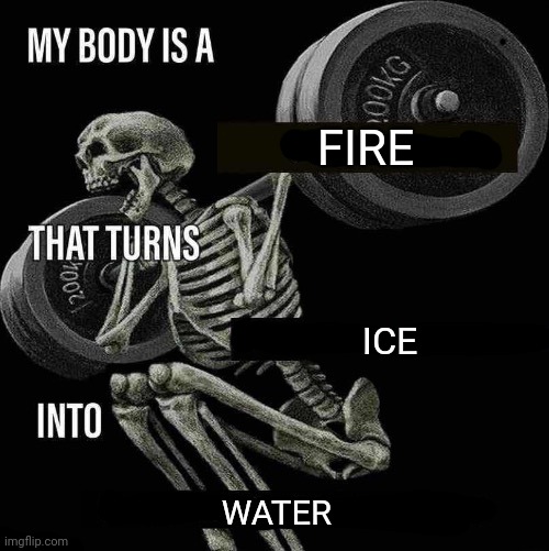 Melting ice | FIRE; ICE; WATER | image tagged in my body is a x that turns y into z,fire,ice,water,memes,melt | made w/ Imgflip meme maker
