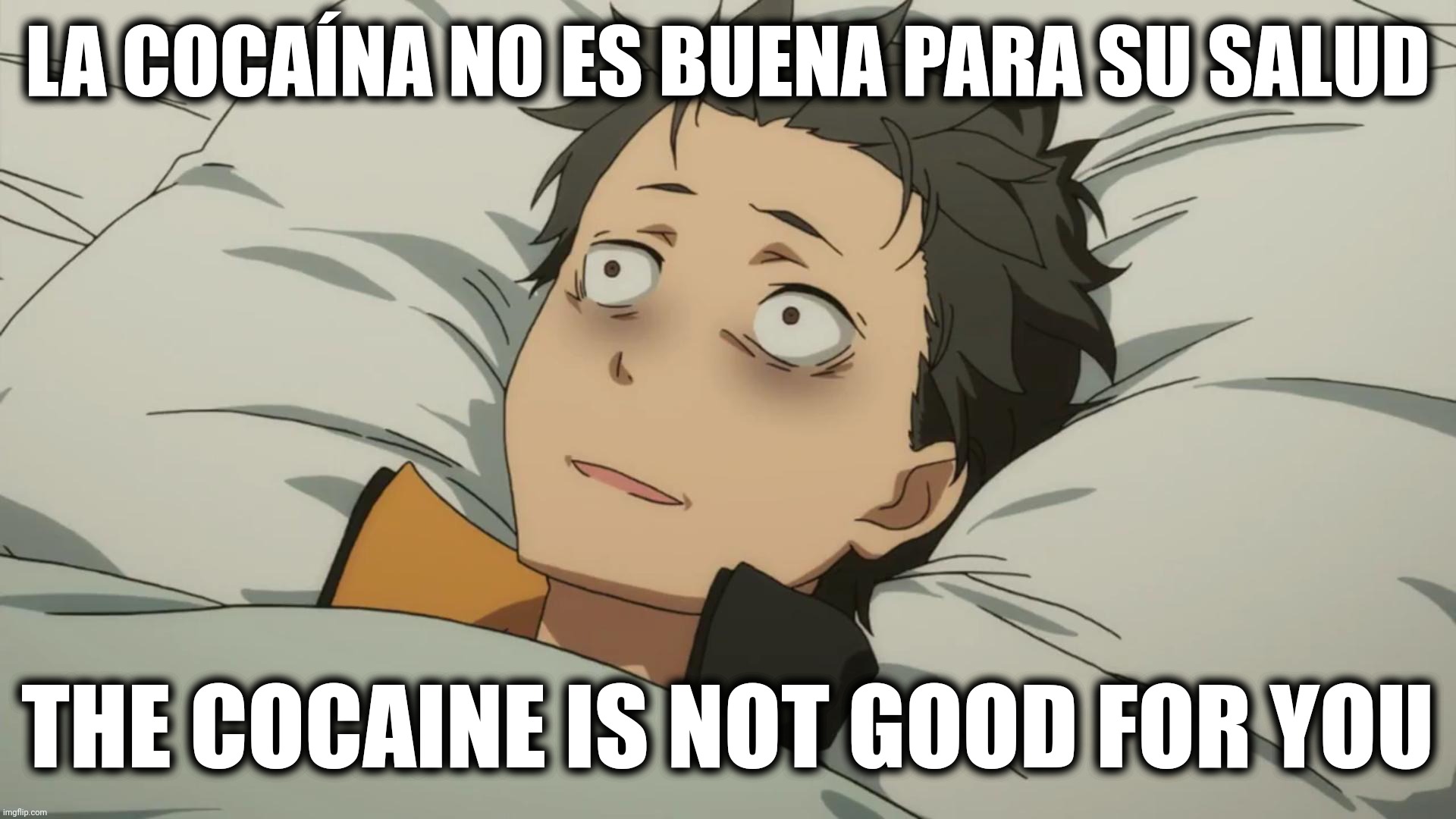 Untrust Us by Crystal Castles got me like: | LA COCAÍNA NO ES BUENA PARA SU SALUD; THE COCAINE IS NOT GOOD FOR YOU | image tagged in re zero subaru,crystal castles,cocaine | made w/ Imgflip meme maker