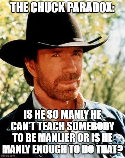 Quizzical stare | THE CHUCK PARADOX:; IS HE SO MANLY HE CAN'T TEACH SOMEBODY TO BE MANLIER OR IS HE MANLY ENOUGH TO DO THAT? | image tagged in memes,chuck norris,paradox,manly,teaching | made w/ Imgflip meme maker