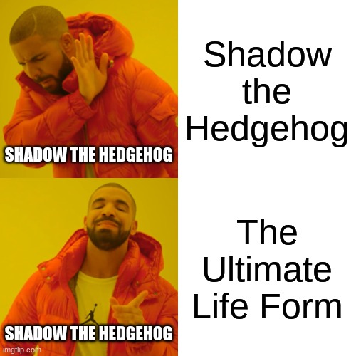 Shadow the Hedgehog always be like... | Shadow the Hedgehog; SHADOW THE HEDGEHOG; The Ultimate Life Form; SHADOW THE HEDGEHOG | image tagged in memes,drake hotline bling | made w/ Imgflip meme maker