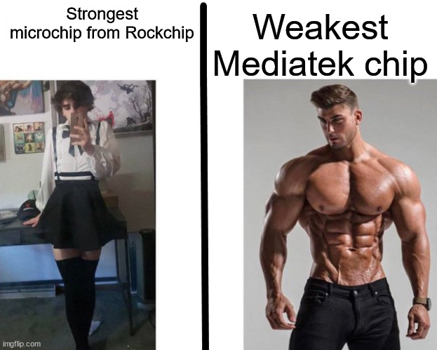 Strongest ___ Fan vs Weakest ___ Enjoyer | Weakest Mediatek chip; Strongest microchip from Rockchip | image tagged in strongest ___ fan vs weakest ___ enjoyer,rockchip,mediatek,memes,microchip | made w/ Imgflip meme maker