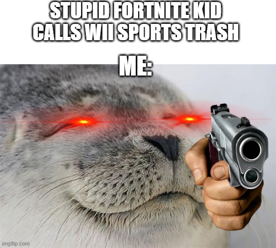 Don't dis my child hood | STUPID FORTNITE KID CALLS WII SPORTS TRASH; ME: | image tagged in memes,satisfied seal | made w/ Imgflip meme maker
