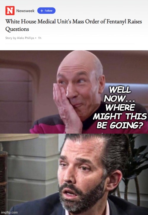 Just sayin... | WELL NOW... WHERE MIGHT THIS BE GOING? | image tagged in picard oops,don trump jr coked up facing left | made w/ Imgflip meme maker