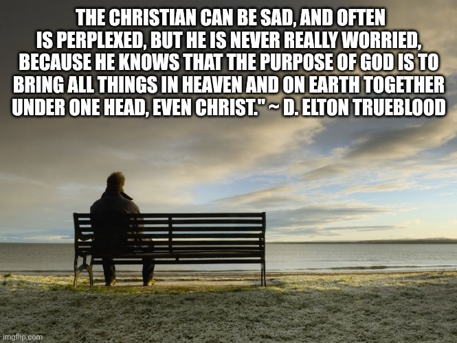 Alone | THE CHRISTIAN CAN BE SAD, AND OFTEN IS PERPLEXED, BUT HE IS NEVER REALLY WORRIED, BECAUSE HE KNOWS THAT THE PURPOSE OF GOD IS TO BRING ALL THINGS IN HEAVEN AND ON EARTH TOGETHER UNDER ONE HEAD, EVEN CHRIST." ~ D. ELTON TRUEBLOOD | image tagged in alone | made w/ Imgflip meme maker