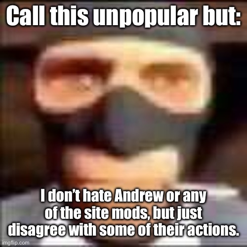 Matter of fact thats mostly what’s happenjbg | Call this unpopular but:; I don’t hate Andrew or any of the site mods, but just disagree with some of their actions. | image tagged in spi | made w/ Imgflip meme maker