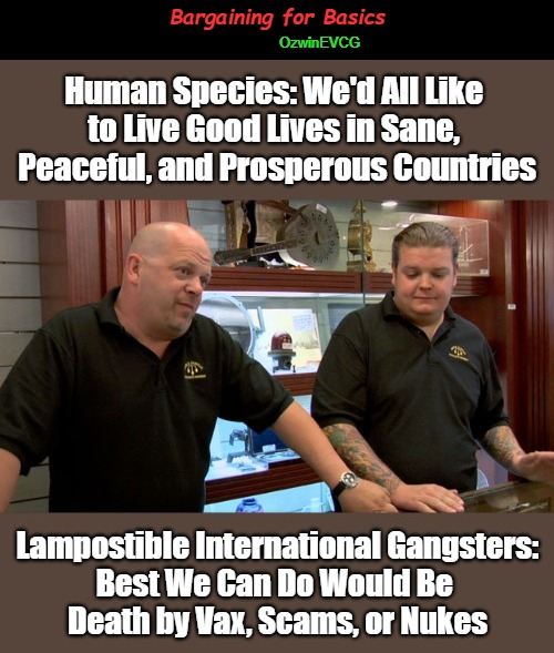 Bargaining for Basics | Bargaining for Basics; OzwinEVCG; Human Species: We'd All Like 

to Live Good Lives in Sane, 

Peaceful, and Prosperous Countries; Lampostible International Gangsters: 

Best We Can Do Would Be 

Death by Vax, Scams, or Nukes | image tagged in pawn shops,thug life,world occupied,peace,war,medicine | made w/ Imgflip meme maker