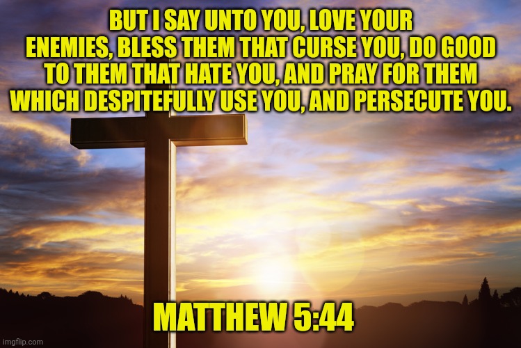 Bible Verse of the Day | BUT I SAY UNTO YOU, LOVE YOUR ENEMIES, BLESS THEM THAT CURSE YOU, DO GOOD TO THEM THAT HATE YOU, AND PRAY FOR THEM WHICH DESPITEFULLY USE YOU, AND PERSECUTE YOU. MATTHEW 5:44 | image tagged in bible verse of the day | made w/ Imgflip meme maker