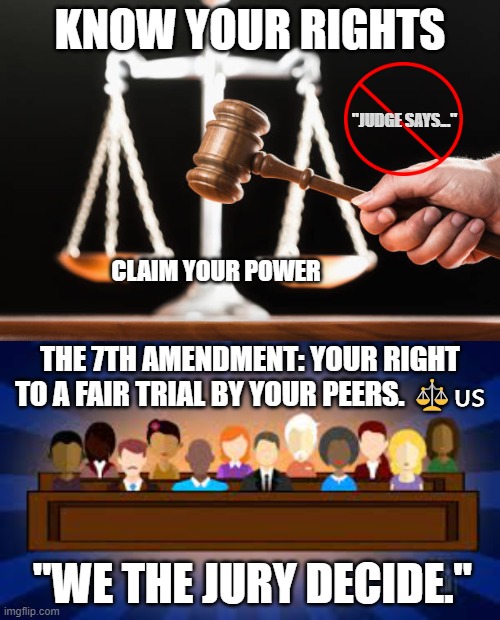 7th Amendment Meme | KNOW YOUR RIGHTS; "JUDGE SAYS..."; CLAIM YOUR POWER; THE 7TH AMENDMENT: YOUR RIGHT TO A FAIR TRIAL BY YOUR PEERS. ⚖️🇺🇸; "WE THE JURY DECIDE." | image tagged in rights and power,7th amendment,trial by peers,jury trial,right to sue | made w/ Imgflip meme maker