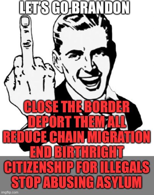 Put Americans first. You were not ejected to represent foreigners. Facilitating invasion is treason. | LET’S GO BRANDON; CLOSE THE BORDER
DEPORT THEM ALL
REDUCE CHAIN MIGRATION
END BIRTHRIGHT CITIZENSHIP FOR ILLEGALS
STOP ABUSING ASYLUM | image tagged in 1950s middle finger,invasion,lets go brandon,immigration | made w/ Imgflip meme maker
