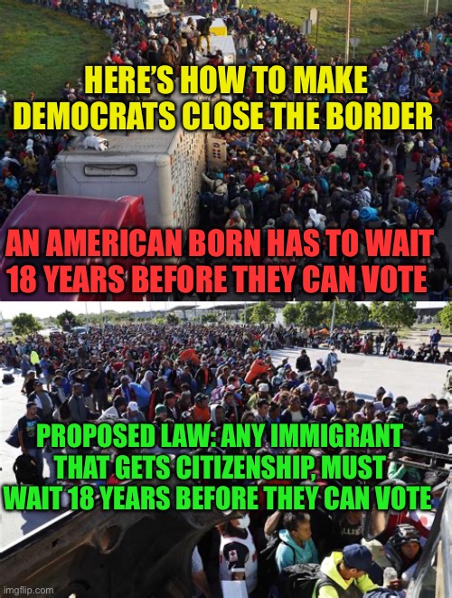 Stop the Democrat’s motivation for illegal immigration | HERE’S HOW TO MAKE DEMOCRATS CLOSE THE BORDER; AN AMERICAN BORN HAS TO WAIT 18 YEARS BEFORE THEY CAN VOTE; PROPOSED LAW: ANY IMMIGRANT THAT GETS CITIZENSHIP, MUST WAIT 18 YEARS BEFORE THEY CAN VOTE | image tagged in gifs,democrats,biden,illegal immigration,voter fraud,incompetence | made w/ Imgflip meme maker