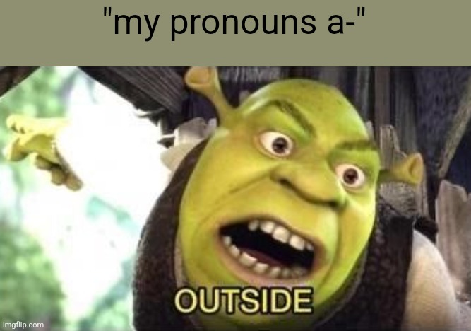 OUTSIDE | "my pronouns a-" | image tagged in outside | made w/ Imgflip meme maker
