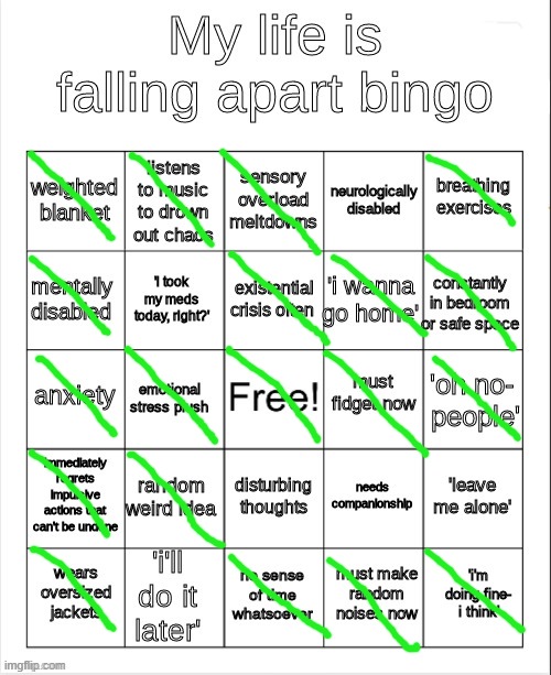 F@ck- | image tagged in my life is falling apart bingo | made w/ Imgflip meme maker