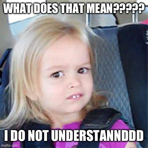 Confused Little Girl | WHAT DOES THAT MEAN????? I DO NOT UNDERSTANNDDD | image tagged in confused little girl | made w/ Imgflip meme maker