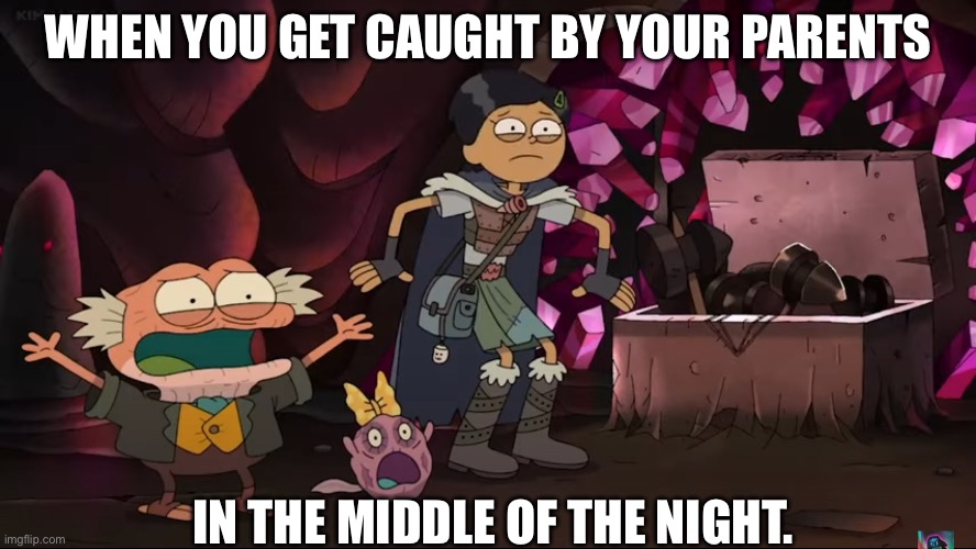 So Relatable | WHEN YOU GET CAUGHT BY YOUR PARENTS; IN THE MIDDLE OF THE NIGHT. | image tagged in freaked out hop pop polly and marcy | made w/ Imgflip meme maker