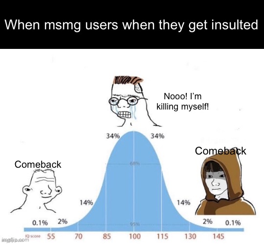Msmg in Jan 2024 | When msmg users when they get insulted; Nooo! I’m killing myself! Comeback; Comeback | image tagged in bell curve | made w/ Imgflip meme maker