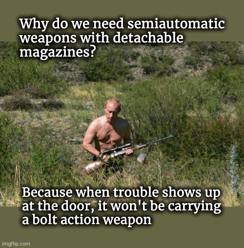 Why does anyone need a semiautomatic weapon with a detachable magazine? | Why do we need semiautomatic
weapons with detachable
magazines? Because when trouble shows up
at the door, it won't be carrying
a bolt action weapon | image tagged in putin with rifle,semiautomatic weapon,detachable magazine | made w/ Imgflip meme maker