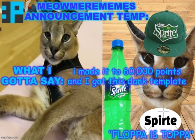 btw oh_my_goodness_gracious made this | i made it to 60,000 points and I got this dank template | image tagged in meowmere's announcement temp | made w/ Imgflip meme maker