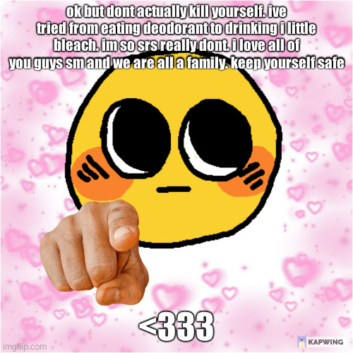 please dont.  and yes i regret doing everything ive done to harm myself. never agian will i do it. | ok but dont actually kill yourself. ive tried from eating deodorant to drinking i little bleach. im so srs really dont. i love all of you guys sm and we are all a family. keep yourself safe; <333 | made w/ Imgflip meme maker