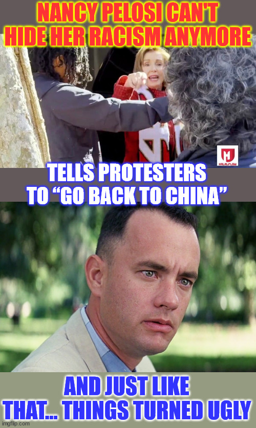 Nancy lets the ugly just ooze out... | NANCY PELOSI CAN'T HIDE HER RACISM ANYMORE; TELLS PROTESTERS TO “GO BACK TO CHINA”; AND JUST LIKE THAT... THINGS TURNED UGLY | image tagged in memes,and just like that,racist,nancy pelosi,gets even more ugly | made w/ Imgflip meme maker