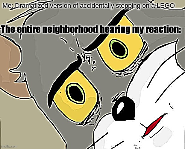 Unsettled Tom Meme | Me: Dramatized version of accidentally stepping on a LEGO; The entire neighborhood hearing my reaction: | image tagged in memes,unsettled tom | made w/ Imgflip meme maker