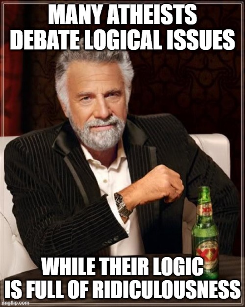 USE YOUR BRAINS | MANY ATHEISTS DEBATE LOGICAL ISSUES; WHILE THEIR LOGIC IS FULL OF RIDICULOUSNESS | image tagged in memes,the most interesting man in the world | made w/ Imgflip meme maker