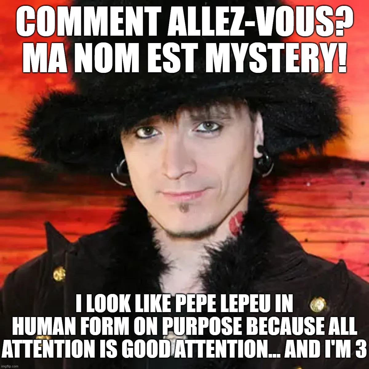 Introduction to Mystery: Pick-up Artist | COMMENT ALLEZ-VOUS? MA NOM EST MYSTERY! I LOOK LIKE PEPE LEPEU IN HUMAN FORM ON PURPOSE BECAUSE ALL ATTENTION IS GOOD ATTENTION... AND I'M 3 | image tagged in canadian,pick-up artist,mystery | made w/ Imgflip meme maker