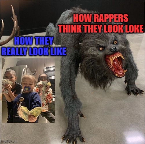 rappers | HOW RAPPERS THINK THEY LOOK LOKE; HOW THEY REALLY LOOK LIKE | image tagged in dog vs werewolf,memes,funny,rappers | made w/ Imgflip meme maker