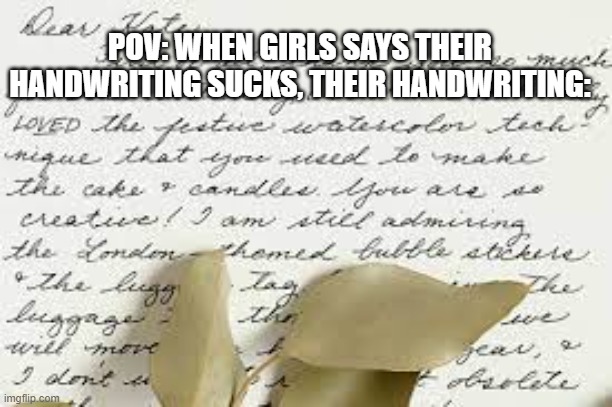 Happens everytime | POV: WHEN GIRLS SAYS THEIR HANDWRITING SUCKS, THEIR HANDWRITING: | image tagged in funny memes | made w/ Imgflip meme maker