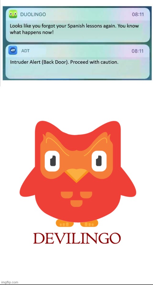 Devilingo | image tagged in memes,funny,duolingo,notifications | made w/ Imgflip meme maker