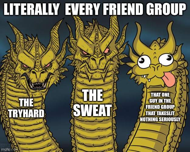 Every single friend group | LITERALLY  EVERY FRIEND GROUP; THE SWEAT; THAT ONE GUY IN THE FRIEND GROUP THAT TAKESLIT NOTHING SERIOUSLY; THE TRYHARD | image tagged in three-headed dragon | made w/ Imgflip meme maker