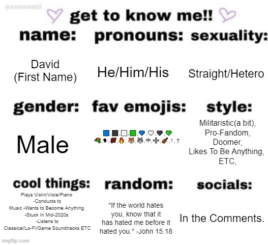 get to know me but better | David
(First Name); He/Him/His; Straight/Hetero; 🟦,⬛,⬜,🟩,💙,🤍,🖤,💚
🔫,🗣,💯,🔥, 🦊,🐺,中,➕,🎻,✝, †; Militaristic(a bit),
Pro-Fandom,
Doomer,
Likes To Be Anything, 
ETC, Male; Plays Violin/Viola/Piano 
-Conducts to Music -Wants to Become Anything 
-Stuck In Mid-2020s 
-Listens to Classical/Lo-Fi/Game Soundtracks ETC; In the Comments. "If the world hates you, know that it has hated me before it hated you." -John 15.18 | image tagged in get to know me but better | made w/ Imgflip meme maker