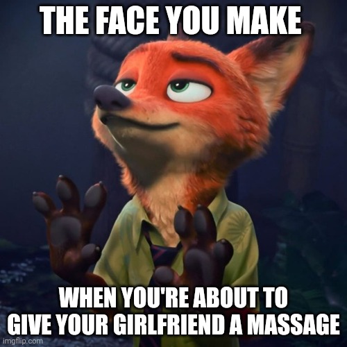 Nick Wilde, Masseuse | THE FACE YOU MAKE; WHEN YOU'RE ABOUT TO GIVE YOUR GIRLFRIEND A MASSAGE | image tagged in nick wilde hands up,zootopia,nick wilde,the face you make when,massage,funny | made w/ Imgflip meme maker