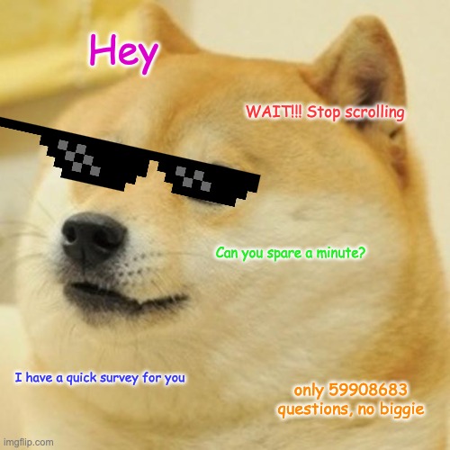 Doge Meme | Hey; WAIT!!! Stop scrolling; Can you spare a minute? I have a quick survey for you; only 59908683 questions, no biggie | image tagged in memes,doge | made w/ Imgflip meme maker