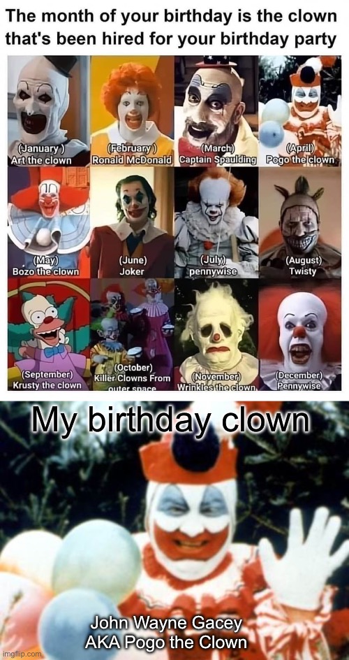 Birthday Clown | My birthday clown; John Wayne Gacey AKA Pogo the Clown | image tagged in pogo the clown aka john wayne gacy,birthday,clown | made w/ Imgflip meme maker