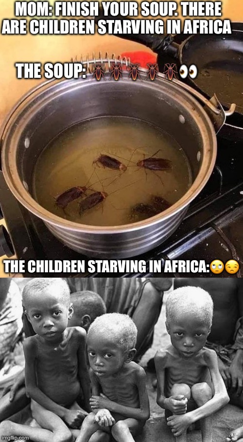 MOM: FINISH YOUR SOUP. THERE ARE CHILDREN STARVING IN AFRICA; THE SOUP: 🪳🪳🪳🪳🪳👀; THE CHILDREN STARVING IN AFRICA:🙄😒 | image tagged in starving children,children,starving,cockroach,cockroaches,soup | made w/ Imgflip meme maker